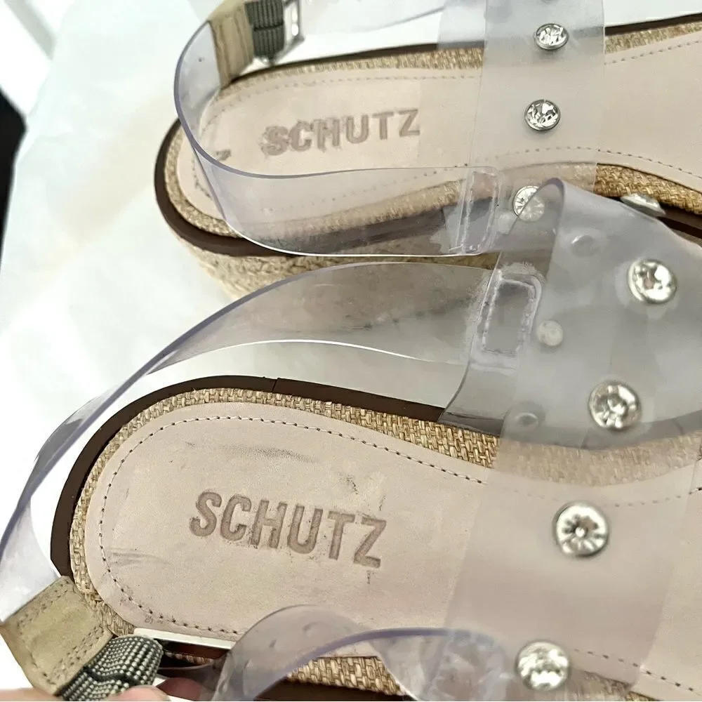SCHUTZ Cristiane Platform EspadrillesTransparent Rhinestone Straps 9.5 NWOB